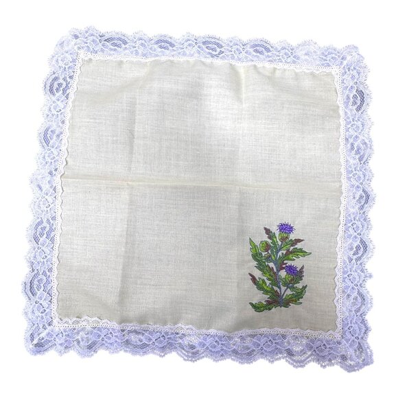 Vintage Handkerchief With Floral Embroidery Purple Thistle Flower & Lace Edge - Picture 1 of 4